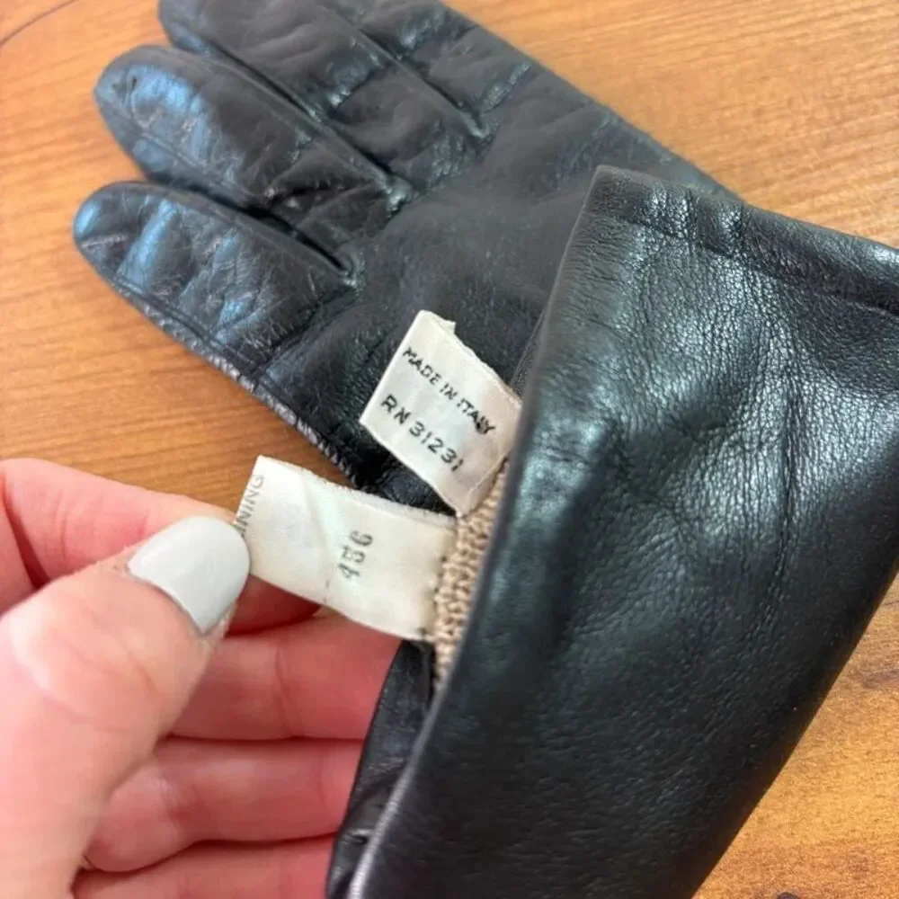 Vintage Atkins Black Leather Gloves 100% Cashmere Lined Italy Size 7